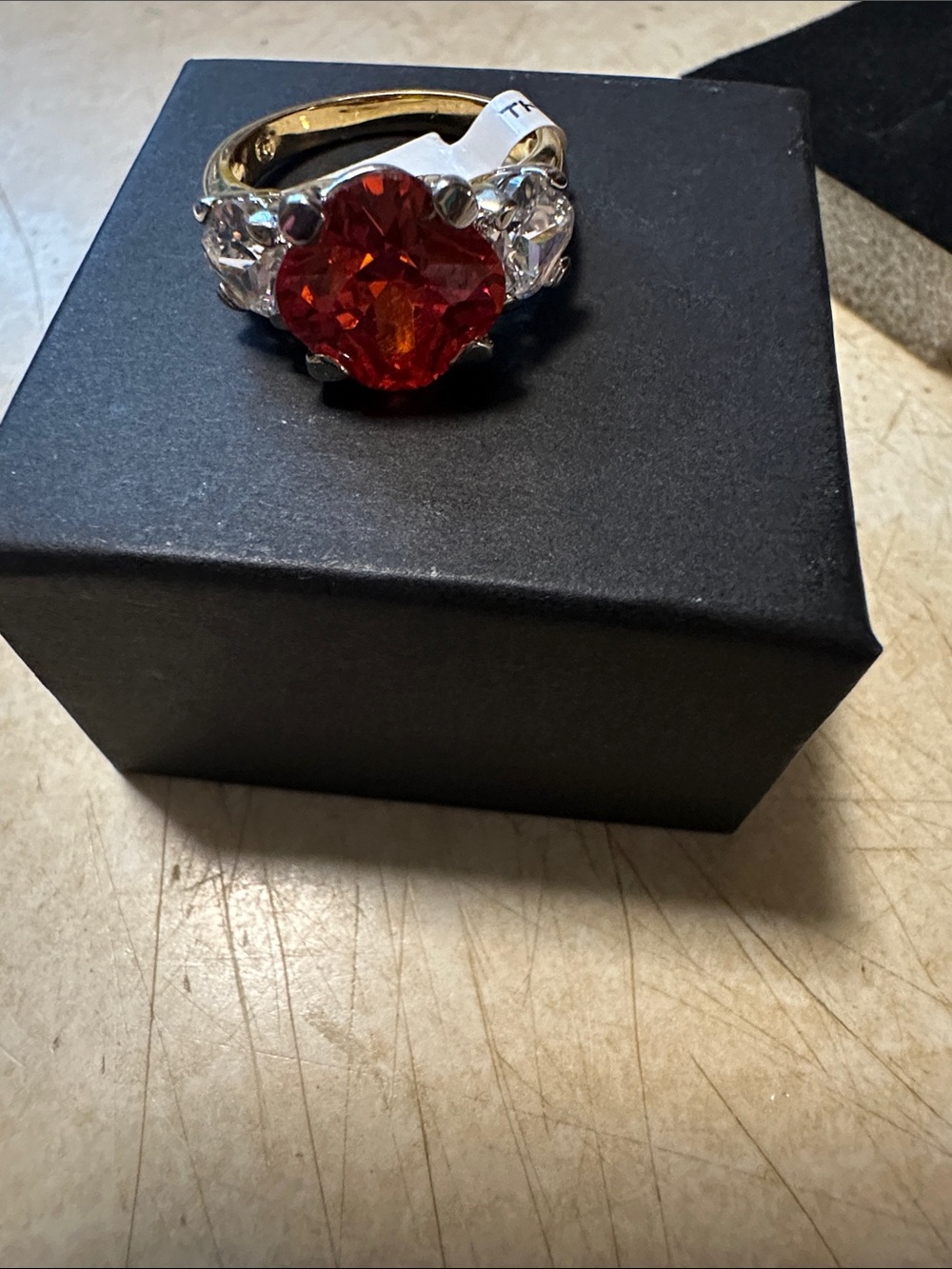 14kt Gold Electroplated Orange Crystal Three-Stone Ring - Women's Jewelry